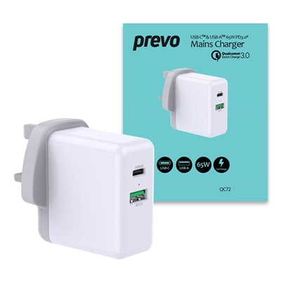 Prevo QC72 65W Dual-Port USB-C Wall Charger - PD 3.0 & QC 3.0 Prevo QC72 65W Dual-Port USB-C Wall Charger - PD 3.0 & QC 3.0